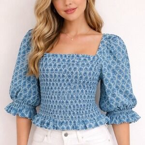 Oliphant Smocked Top‎ Fern Blue Puff Sleeve M Cottagecore Boho Summer